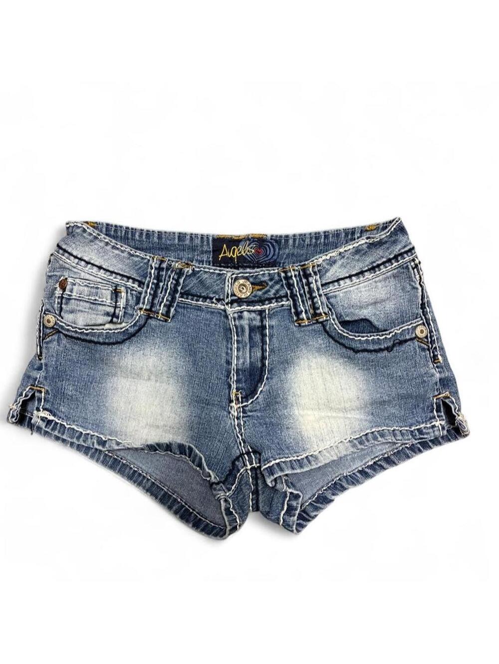 Y2K Angels blue denim lowrise shorts with white stitching